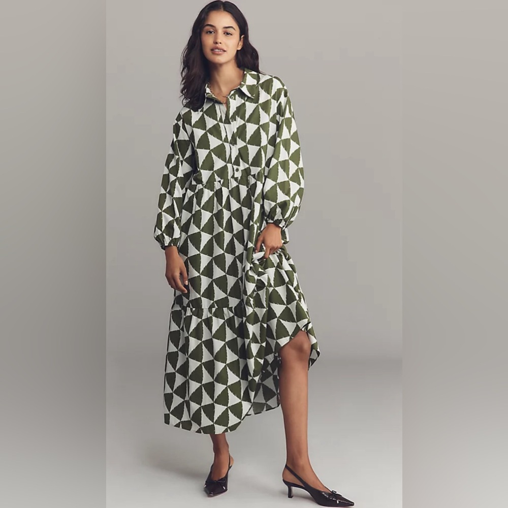 Anthropologie Green and White Geometric Maxi Dress